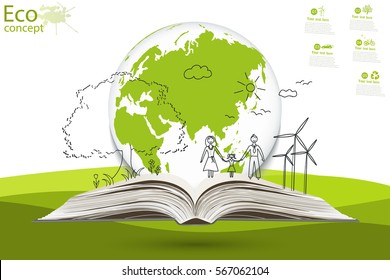Environmentally friendly world. Green world map global environment with happy family stories. Open book of happy family stories. Ecology concept. Ecologically clean world. Vector illustration. Doodle.