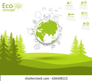 Environmentally friendly world. Green world map global environment with happy family stories. Ecology concept. Ecologically clean world. Illustration. Doodle.