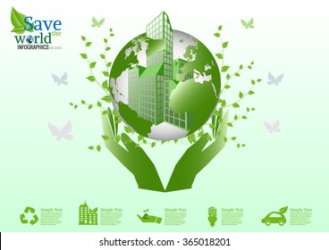 Environmentally friendly world with hands holding  beautiful earth. Vector ecology concepts