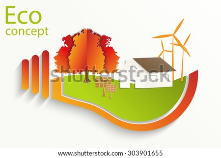Environmentally friendly world. House, solar panels, a windmill, a tree in a light bulb. Vector illustration of ecology the concept of infographics modern design. The icon, sign. Ecological concepts. 