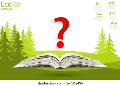 Environmentally friendly world. Open book and a question mark. Vector illustration