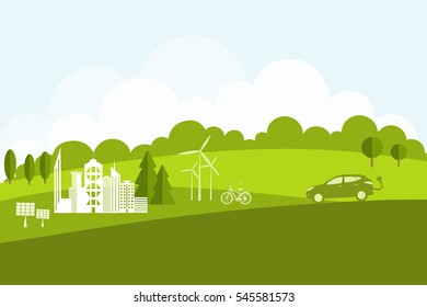 Environmentally friendly world.  Summer landscape. Flat style. Vector illustration of ecology the concept of info graphics modern design. The icon and sign. Ecological concepts. Electric car.