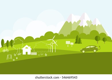 Environmentally friendly world. Summer landscape. Flat style. Vector illustration of ecology the concept of info graphics modern design. The icon and sign. Ecological concepts. Electric car.