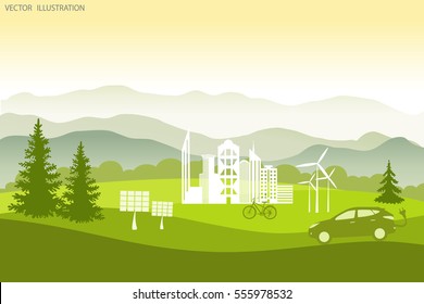 Environmentally friendly world. Summer landscape. Flat style. Vector illustration of ecology the concept of info graphics modern design. The icon and sign. Ecological concepts. Electric car.
