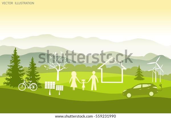 Environmentally friendly world. Summer landscape.\
Flat style. Vector illustration of ecology the concept of info\
graphics modern design. The icon and sign. Ecological concepts.\
Electric car,\
house.