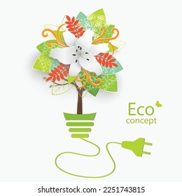 Umweltfreundliche Welt. Baum wächst in der Glühbirne. Vektorgrafik der Ökologie das Konzept der Infografik modernen Design. Das Symbol, unterschreiben. Ökologische Konzepte. Idee.