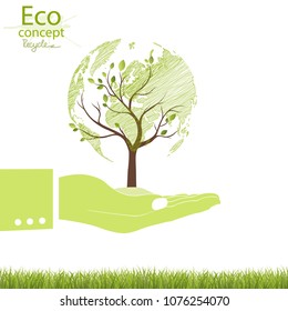 Environmentally friendly world. Tree on hand. Green globe on the tree. The concept of ecology, to save the planet. Simple illustrated illustration for print, web page, white background. Recycling. 