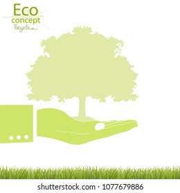 Environmentally friendly world. Tree on hand. The tree in the palm of your. The concept of ecology, to save the planet. Simple illustrated illustration for print, web page, white background.