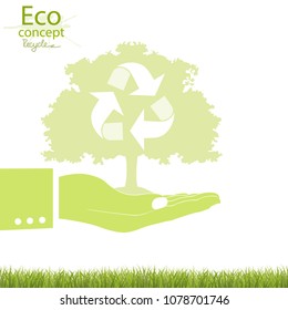 Environmentally friendly world. Tree on hand. The tree in the palm of your. The concept of ecology, to save the planet. Simple illustrated illustration for print, web page, white background. Recycling