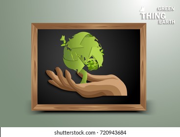 Environmentally friendly world. Vector illustration of ecology,concept Hand to protect the environment and The earth