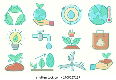 Environmentally related color line icon set Linear, ecology and nature icons in pastel colors Mark vector collection, outline, color, flat, eco-friendly.