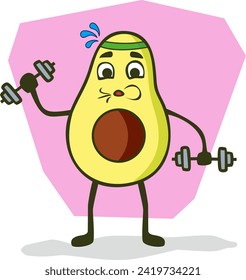 Envision a humorous and fitness-oriented illustration featuring a workout avocado mascot, injecting a playful and lively character into healthy living