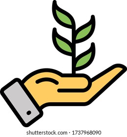 Envoirment friendly plant concept color vector icon. human hand with leafy plant design, Eco Company Logo on white background, Green Ecology Energy Concept
