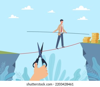 Envy, Betrayal, Fake Friends And Partners. Bad Teamwork, Man Walking Tightrope Towards Goal, Jealousy Colleague Cutting Rope, Cheating In Career Competition, Vector Cartoon Flat Concept