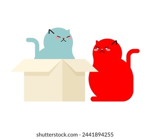 Envy concept cats. Cat in  box and an angry cat nearby. Pet in cardboard box. House for cat.