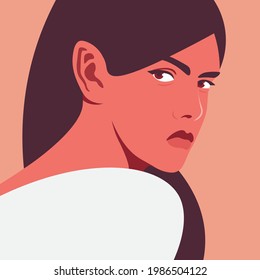 Envy And Jealousy. Portrait Of A Young Woman. Emotional Face. Vector Flat Illustration