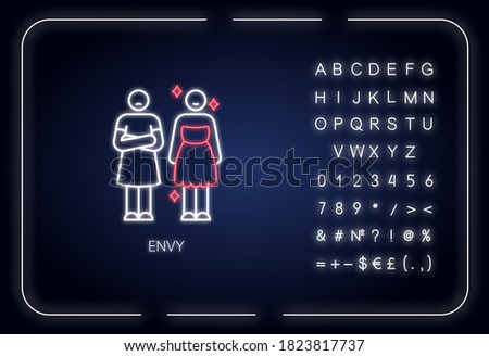 Envy neon light icon. Outer glowing effect. Negative emotion sign with alphabet, numbers and symbols. Jealousy, mental displeasure. Happy and envious person vector isolated RGB color illustration