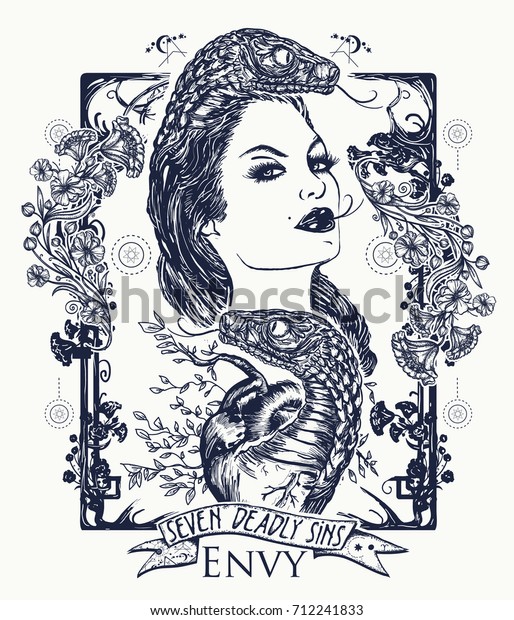 Envy. Seven deadly sins tattoo and t-shirt design.\
Envious woman, snake tempts heart. Symbol of malignant gossip,\
jealousy  