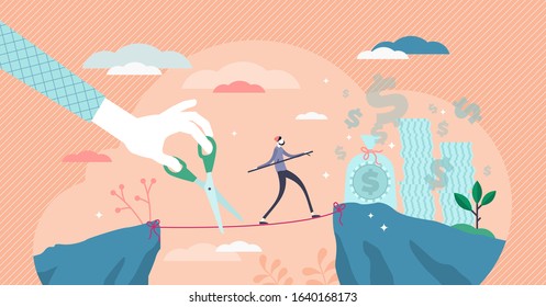 Envy symbolic abstract concept, flat tiny person vector illustration. Walking and balancing on the rope. Concentrating on your goals and growth while fake friends and partners planning to betrayal.