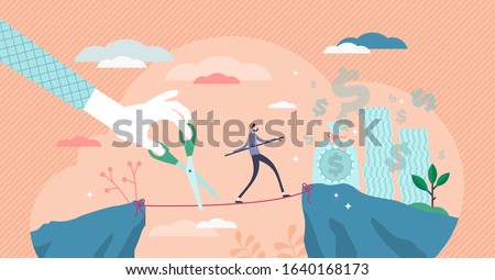 Envy symbolic abstract concept, flat tiny person vector illustration. Walking and balancing on the rope. Concentrating on your goals and growth while fake friends and partners planning to betrayal.