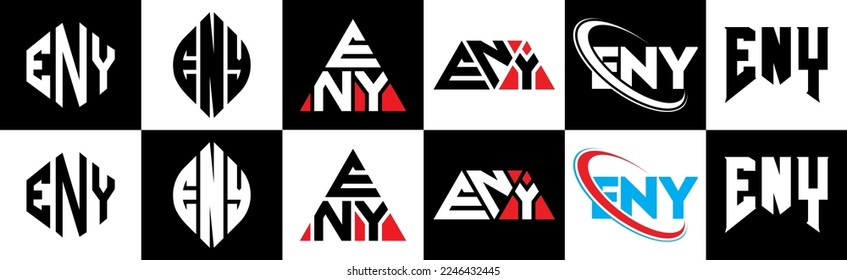 ENY letter logo design in six style. ENY polygon, circle, triangle, hexagon, flat and simple style with black and white color variation letter logo set in one artboard. ENY minimalist and classic logo
