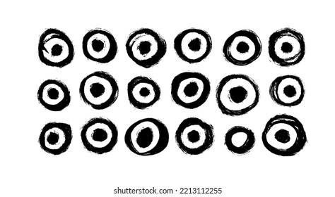 Enzo circle brush strokes collection. Round frames with bold blobs inside set. Hand drawn vector ink illustration. Black grunge circles with rough edges isolated on white background.
