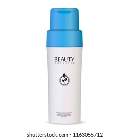 Enzyme Powder Wash Cleaner Cosmetic Bottle With Sky Blue Cap. Vector Illustration Of Plastic Container Mockup With Label For Shampoo, Butter, Cream, Liquid Soap, Shower Gel. 