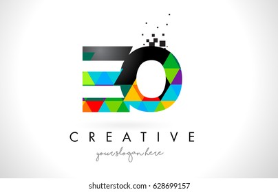 EO E O Letter Logo with Colorful Vivid Triangles Texture Design Vector Illustration.