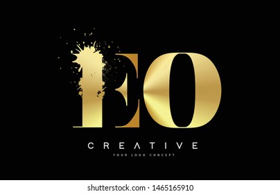 EO E OLetter Logo with Gold Melted Metal Splash Vector Design Illustration.