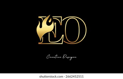 Símbolo minimalista de lujo del diseño del logotipo de la llama de oro de EO para la marca de Premium y la identidad creativa
