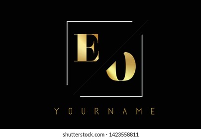 EO Golden Letter Logo with Cutted and Intersected Design and Square Frame Vector Illustration