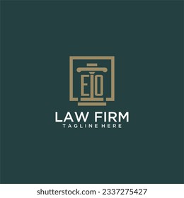 Logo del monograma inicial de EO para la firma de abogados con diseño de hitos en cuadrado creativo