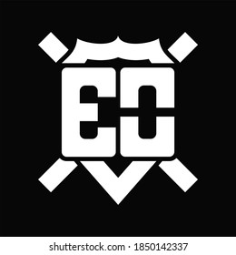 Monograma del logotipo de EO aislado en forma de escudo con línea redondeada sobre fondo negro