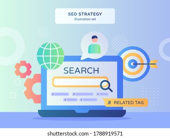 EO strategy illustration set search machine display monitor laptop background of globe gear goal target with flat style.
