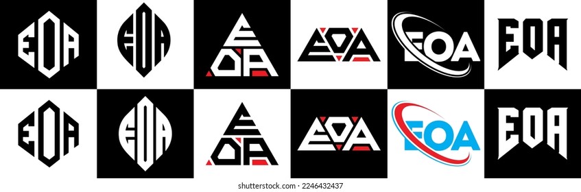 EOA letter logo design in six style. EOA polygon, circle, triangle, hexagon, flat and simple style with black and white color variation letter logo set in one artboard. EOA minimalist and classic logo