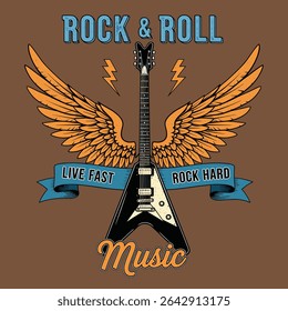 eock and roll vintage grunge graphic design. gutter with wing togather retro graphic. live rock fast hard music slogan. vintage rock n roll t-shirt design.