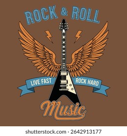 eock and roll vintage grunge graphic design. gutter with wing togather retro graphic. live rock fast hard music slogan. vintage rock n roll t-shirt design.