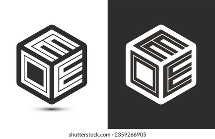 Diseño del logotipo de letras EOE con el logotipo del cubo ilustrador, logotipo vectorial estilo moderno de superposición de tipos de letra del alfabeto. Icono del logotipo de Premium Business. Color blanco sobre fondo negro