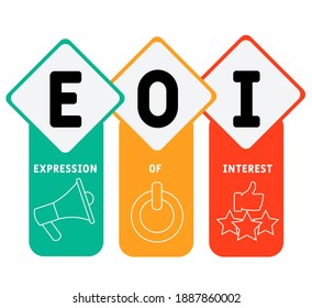 EOI - Interessenbekundung - Akronym. Hintergrund des Unternehmenskonzepts.  Vektorgrafik-Konzept mit Schlagwörtern und Symbolen. Buchstabengrafik mit Symbolen für Webbanner, Flyer, Landing Page