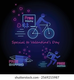 eon Free Shipping Banner: A delivery man on a bicycle with a package, a trail of hearts behind the bike and the text Free Shipping, a running delivery man with a backpack, a box with wings