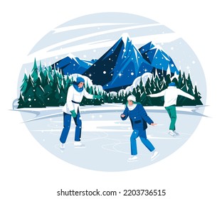 eople ride skates on a mountain pond. Coniferous forest, snow, mountain peaks. Season landscape. Flat vector illustration
