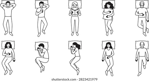 eople sleeping top view bed positions resting silhouettes vector set
