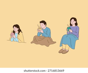 eople who spend the winter with warm tea. Simple line drawing illustration.