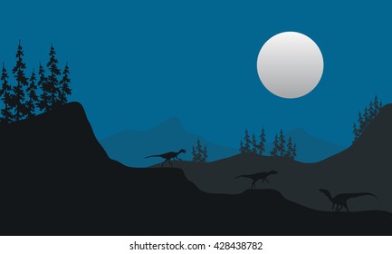 Eoraptor at the night scenery with moon at the night