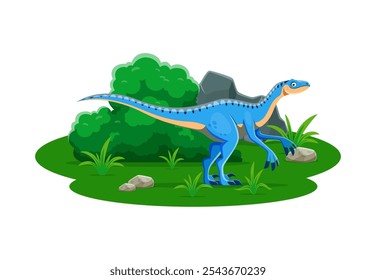 Personaje de dibujos animados de dinosaurio prehistórico Eoraptor. El dino carnívoro de Vector aislado vivió en el período Triásico Inferior. Antiguo reptil bípedo extinto de vida silvestre con larga cola. Criatura de la época paleontológica