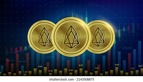 EOS	(EOS) 3 coin Cryptocurrency blockchain. Future digital currency replacement technology alternative. Silver golden virtual currency growth share chart background. 3D Vector illustration.