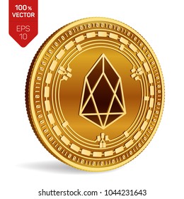 EOS. 3D isometric Physical coin. Digital currency. Cryptocurrency. Golden coin with EOS symbol isolated on white background. Vector illustration.