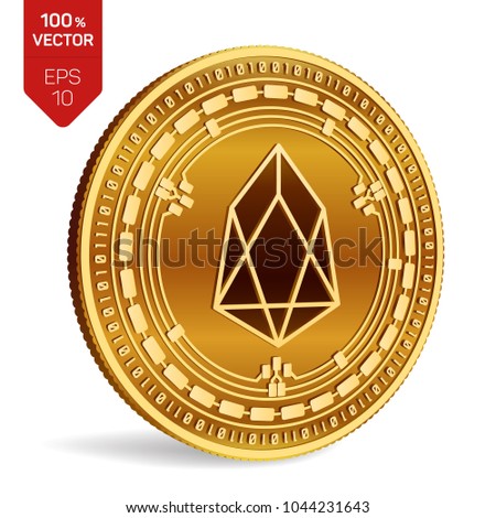 EOS. 3D isometric Physical coin. Digital currency. Cryptocurrency. Golden coin with EOS symbol isolated on white background. Vector illustration.