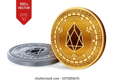 EOS. 3D isometric Physical coins. Digital currency. Cryptocurrency. Golden and silver coins with EOS symbol isolated on white background. Vector illustration.