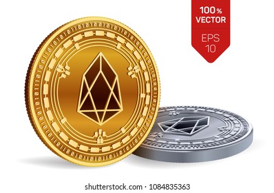 EOS. 3D isometric Physical coins. Digital currency. Cryptocurrency. Golden and silver coins with EOS symbol isolated on white background. Vector illustration.